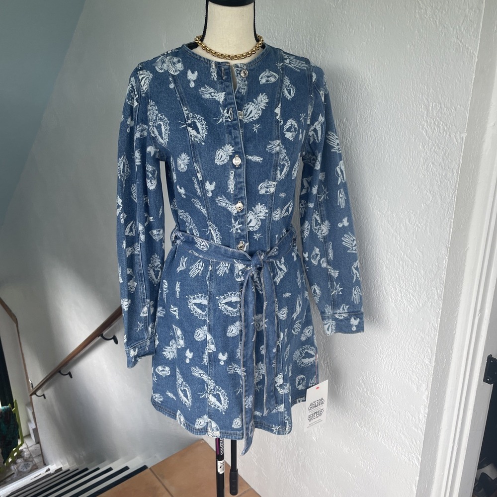 never fully dressed‎ NWT Denim Print Ed Button Down Dress Or Coat  & Belt Size 4